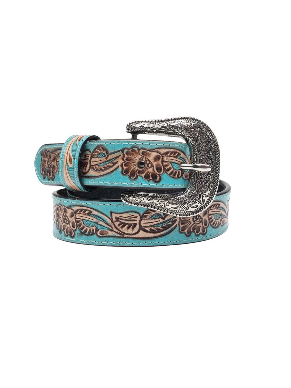 Tooled Floral Turquoise Western Belt with Engraved Silver Buckle